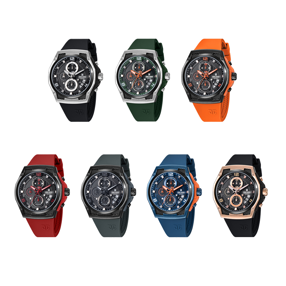 【Jonas Jasmin 喬納斯】 JJ-5370MC 三眼 計時 日期 夜光 指針 刻度 石英 潮流 多色 鮮豔 搶眼 男錶