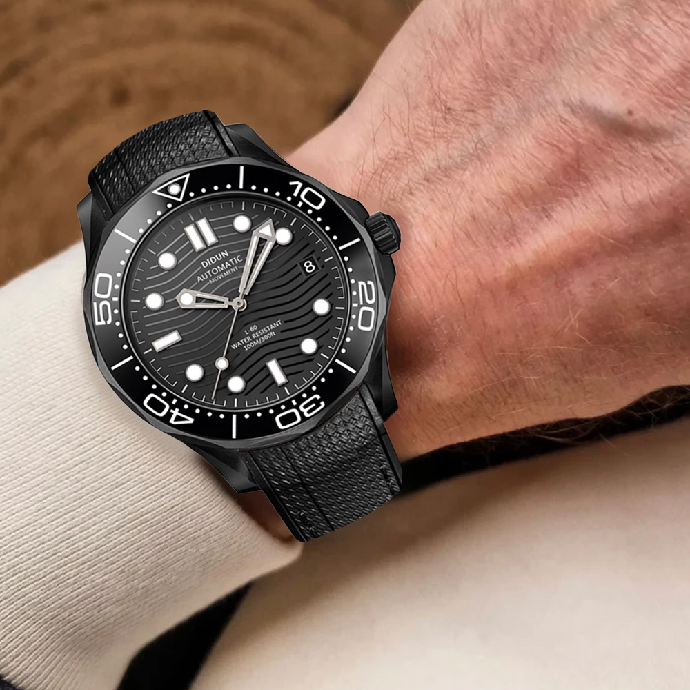 【DIDUN 迪頓】Seamaster 300海馬系列 DDN- 015 陶瓷外圈 波浪面盤設計 單向旋轉錶圈 日期顯示 潛水運動 機械錶 矽膠錶帶 手錶