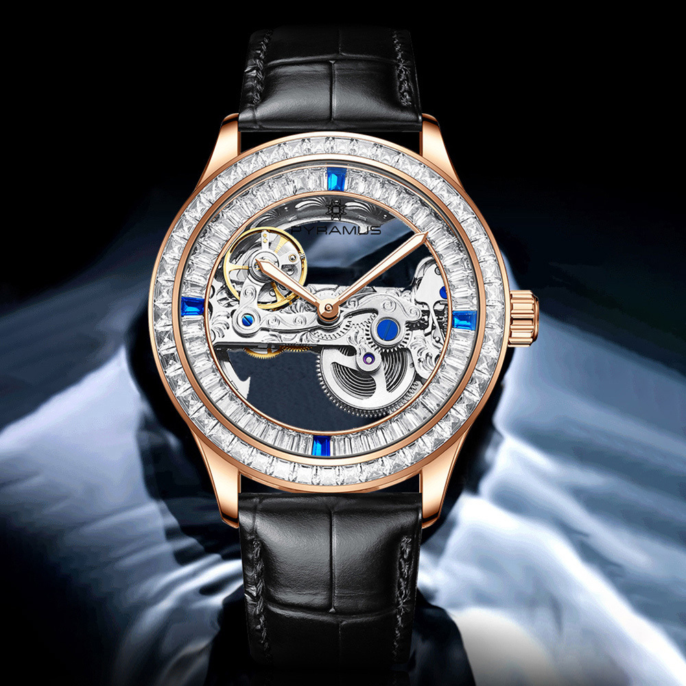 【PYRAMUS 帕爾麥斯】Polaris 雙面雙鏤空晶鑽鑲嵌夜光義大利小牛皮機械錶