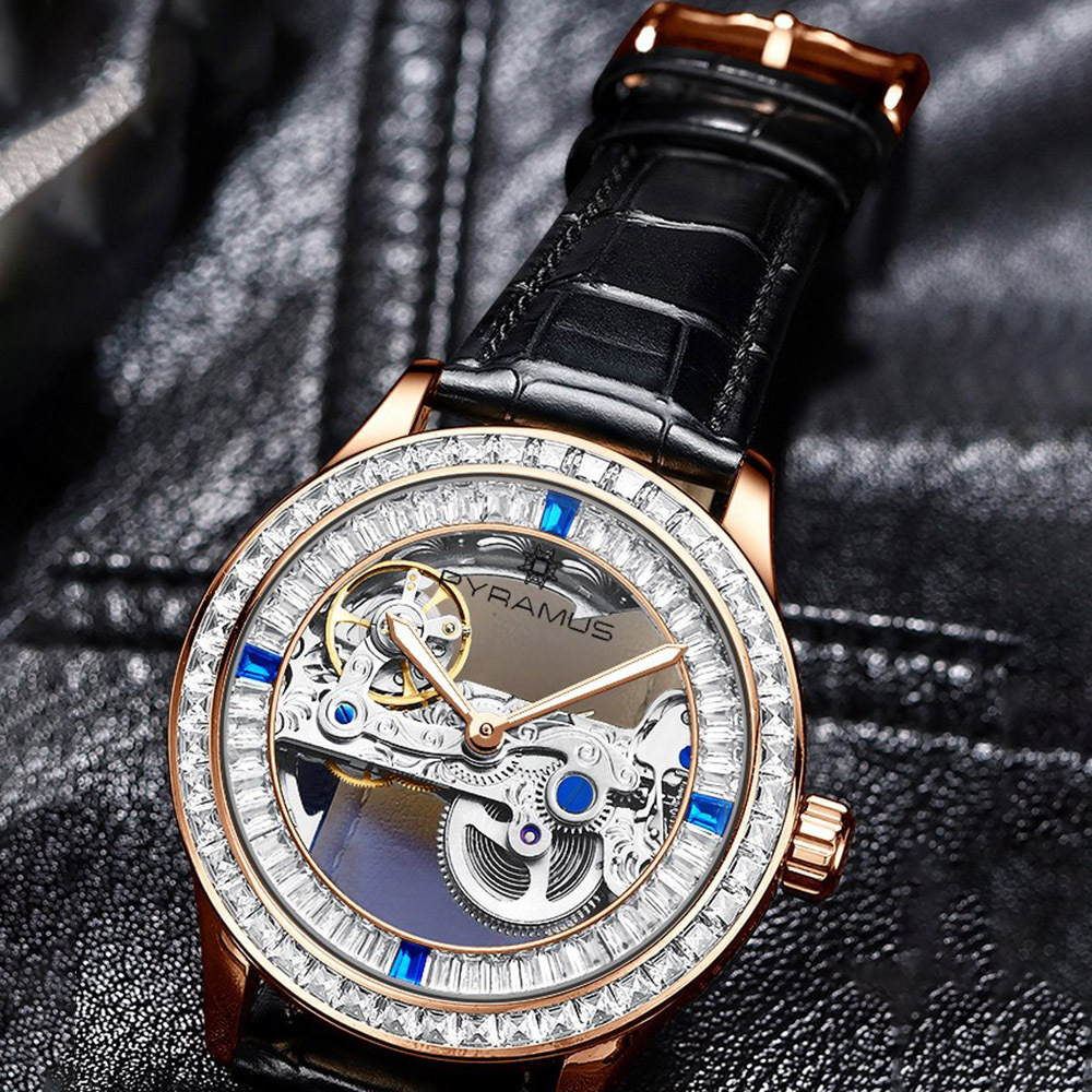 【PYRAMUS 帕爾麥斯】Polaris 雙面雙鏤空晶鑽鑲嵌夜光義大利小牛皮機械錶