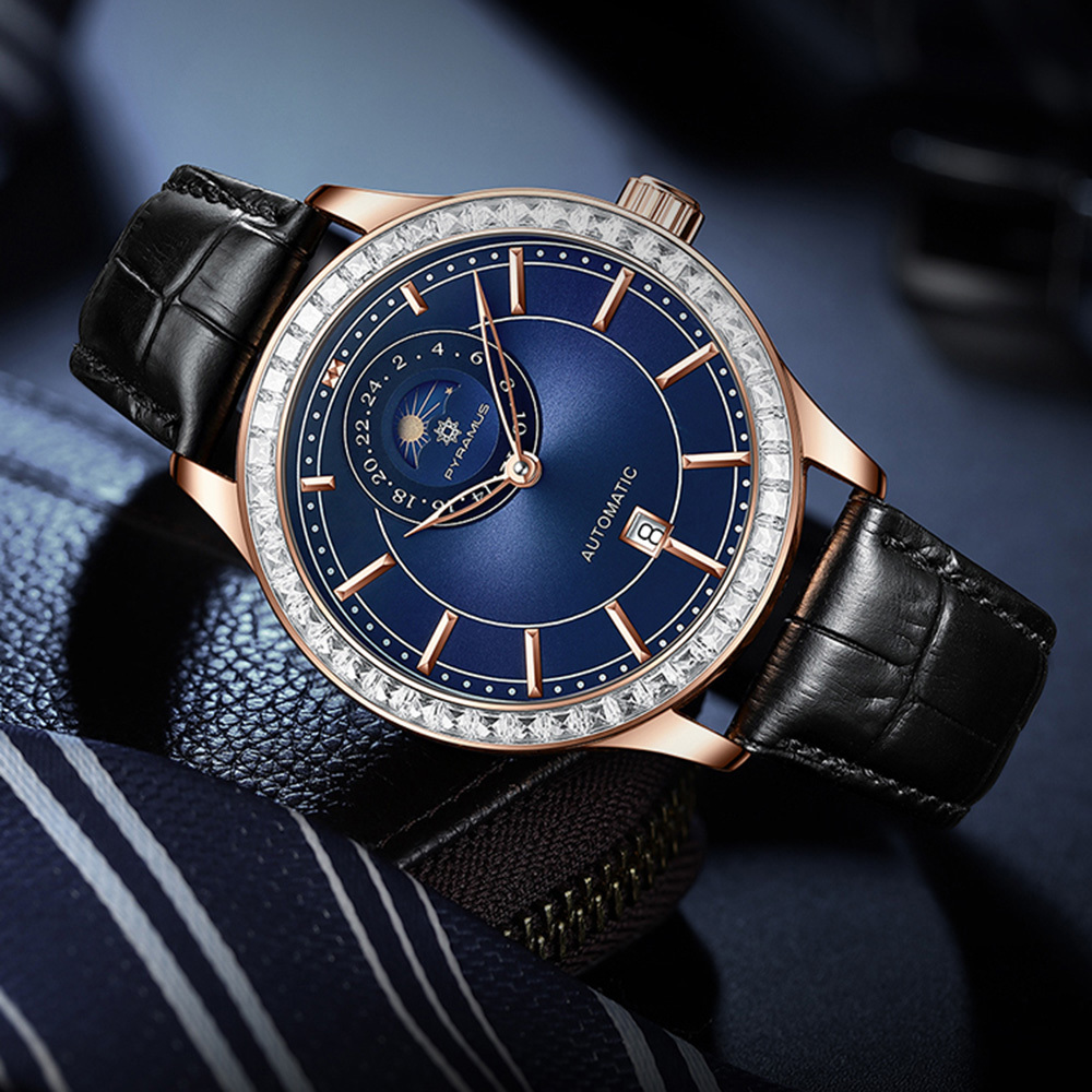 【PYRAMUS 帕爾麥斯】Moonfall 紳士商務鏤空施華洛世奇水晶鑲嵌牛皮機械腕錶