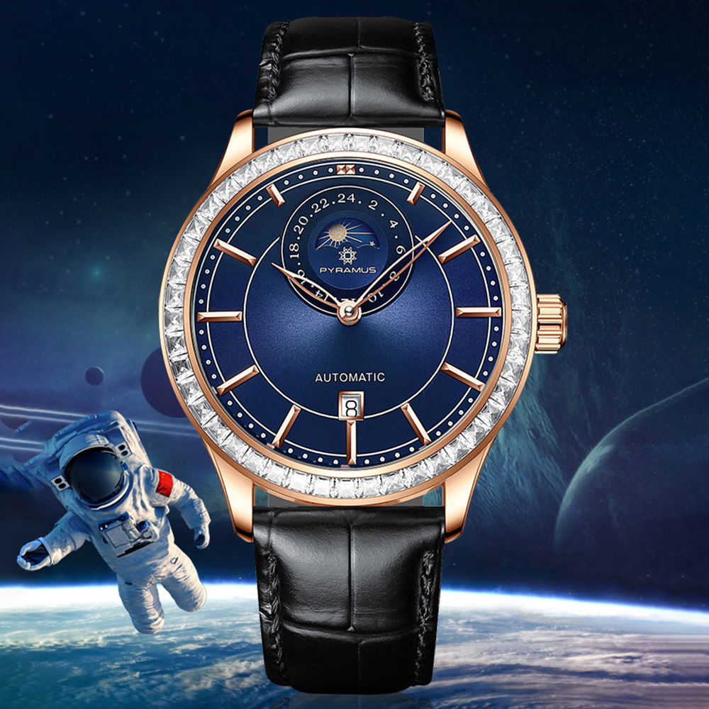 【PYRAMUS 帕爾麥斯】Moonfall 紳士商務鏤空施華洛世奇水晶鑲嵌牛皮機械腕錶