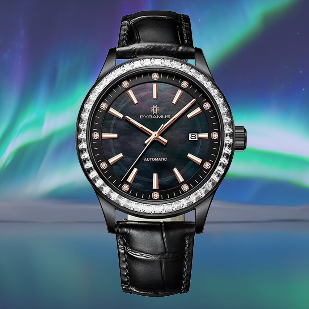 【PYRAMUS 帕爾麥斯】Aurora 高雅貝母鏤空施華洛世奇水晶夜光牛皮機械腕錶 另有白色Clouds款