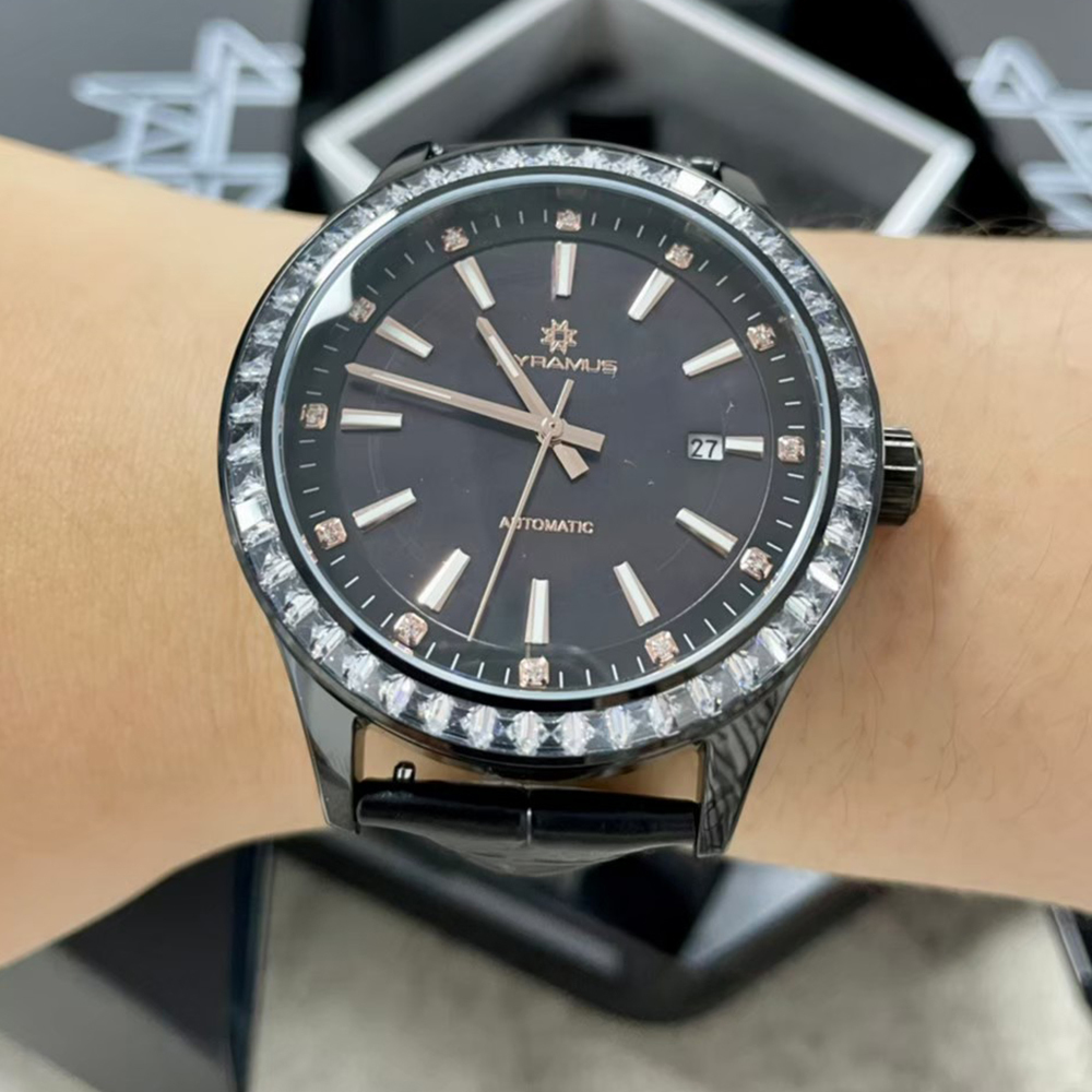 【PYRAMUS 帕爾麥斯】Aurora 高雅貝母鏤空施華洛世奇水晶夜光牛皮機械腕錶 另有白色Clouds款