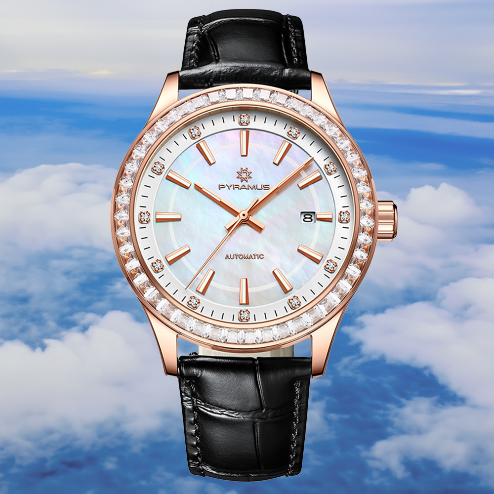 【PYRAMUS 帕爾麥斯】Clouds 高雅珍珠母貝鏤空晶鑽鑲嵌夜光牛皮機械錶 另有黑色Aurora款