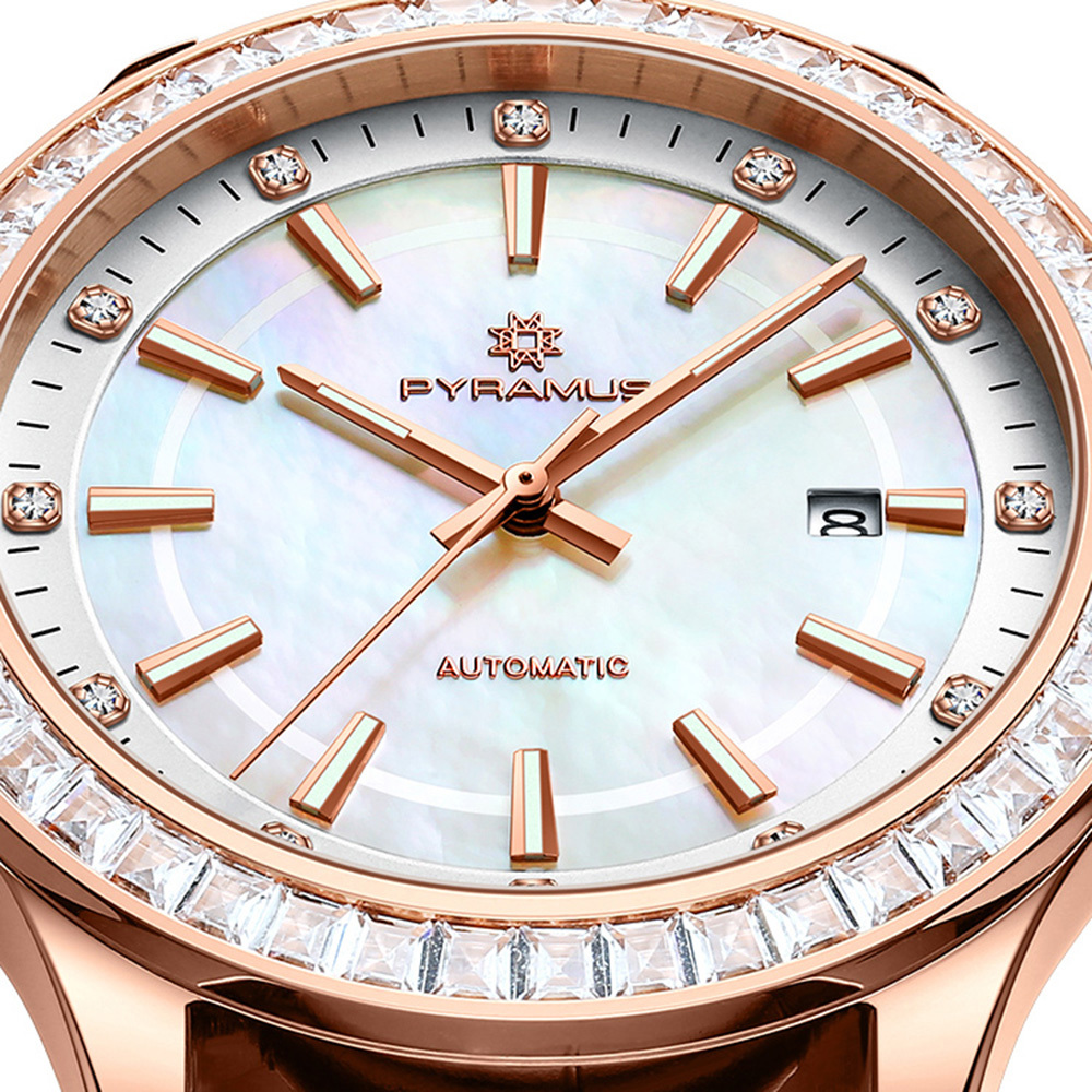 【PYRAMUS 帕爾麥斯】Clouds 高雅珍珠母貝鏤空晶鑽鑲嵌夜光牛皮機械錶 另有黑色Aurora款