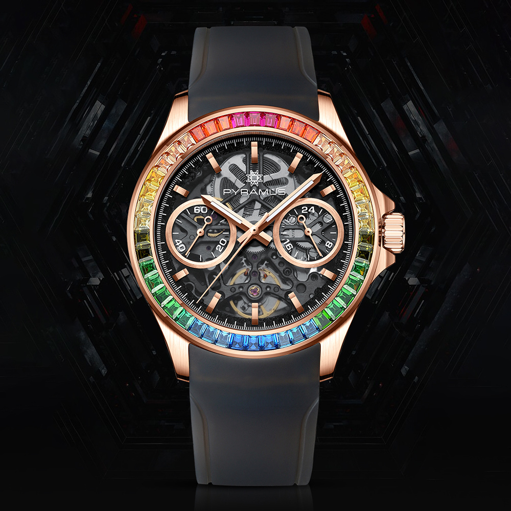 (預購)【PYRAMUS 帕爾麥斯】Fogbow 雙面鏤空彩色晶鑽鑲嵌玫瑰金機械夜光腕錶