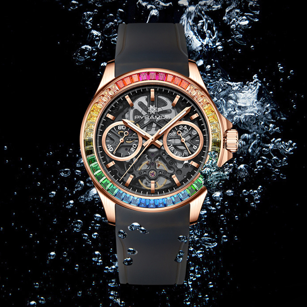 (預購)【PYRAMUS 帕爾麥斯】Fogbow 雙面鏤空彩色晶鑽鑲嵌玫瑰金機械夜光腕錶
