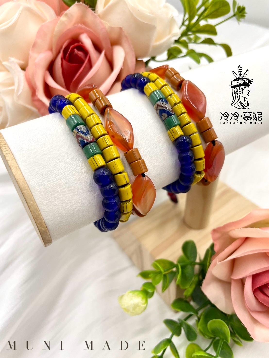 Muni-No.78貿易老珠菱形瑪瑙繞圈式手鍊44.5cm