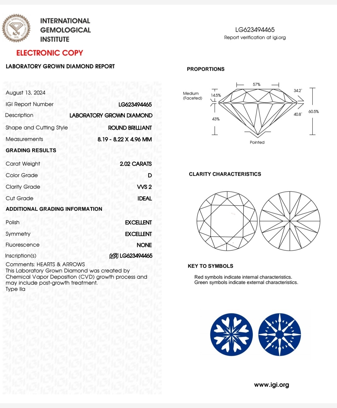 IGI LAB GROWN DIAMOND 2.02 D VVS2 IDEAL 2EX NON