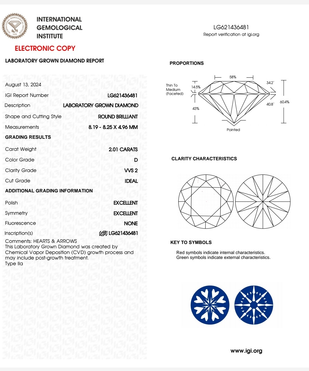 IGI LAB GROWN DIAMOND 2.01 D VVS2 IDEAL 2EX NON