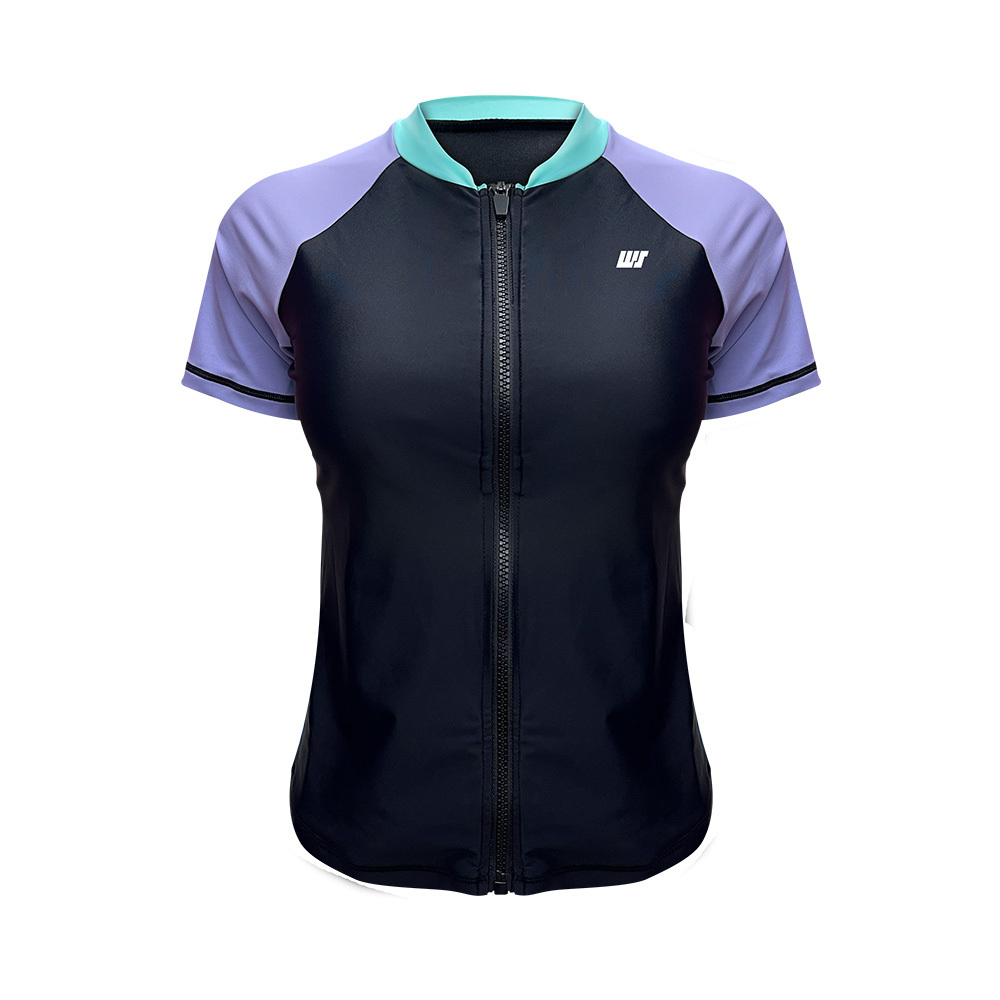 女士短袖游泳防曬夾克內襯運動內衣 - 黑/紫