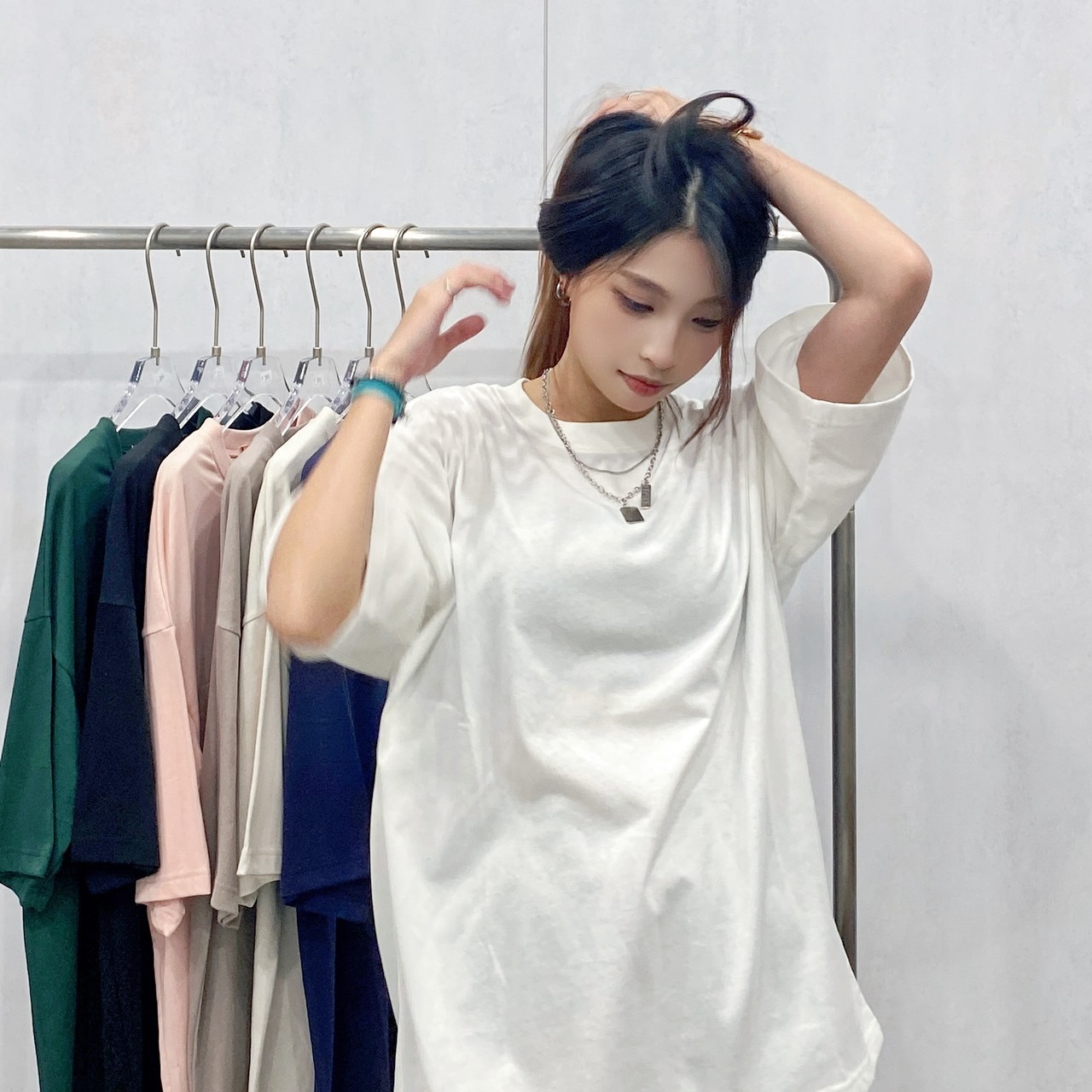 小扣環素T 素色 簡約 寬鬆 落肩 短袖t恤 高磅數 純棉