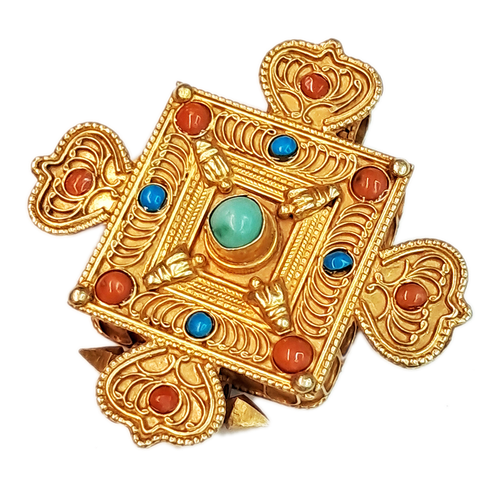 十字杵壇城鑲綠松石925純銀鎏金嘎屋【十方】150682