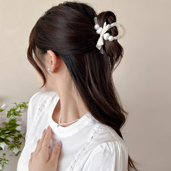 [2 FOR RM10] Korean-Style Heart Pearl Ribbon Medium Hair Claw