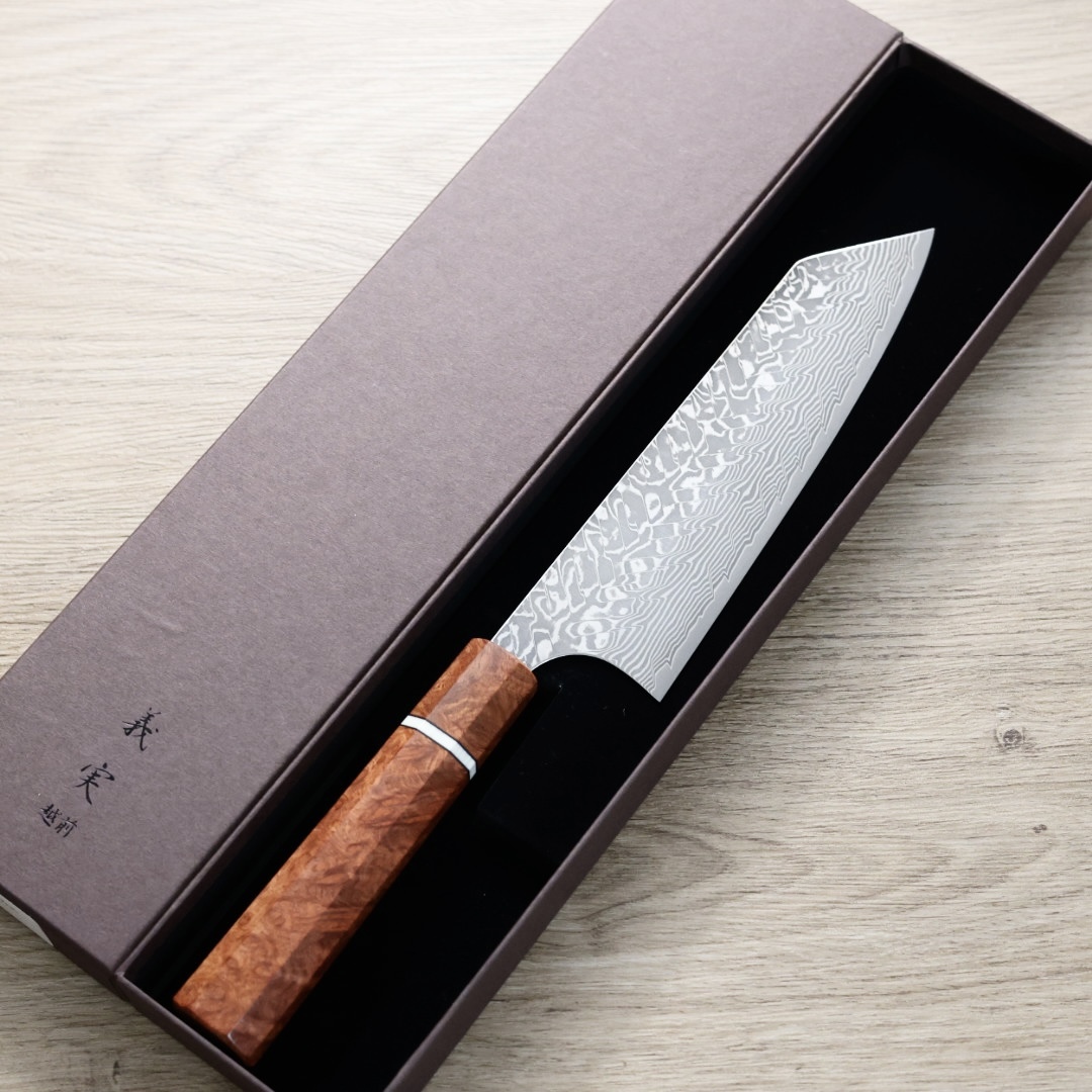 加藤義實 文化刀 170mm SG2粉末HSS鋼 黑染鎳大馬士革 花梨