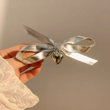 [4 FOR RM10] Silver Heart Ribbon Leather Hair Clip