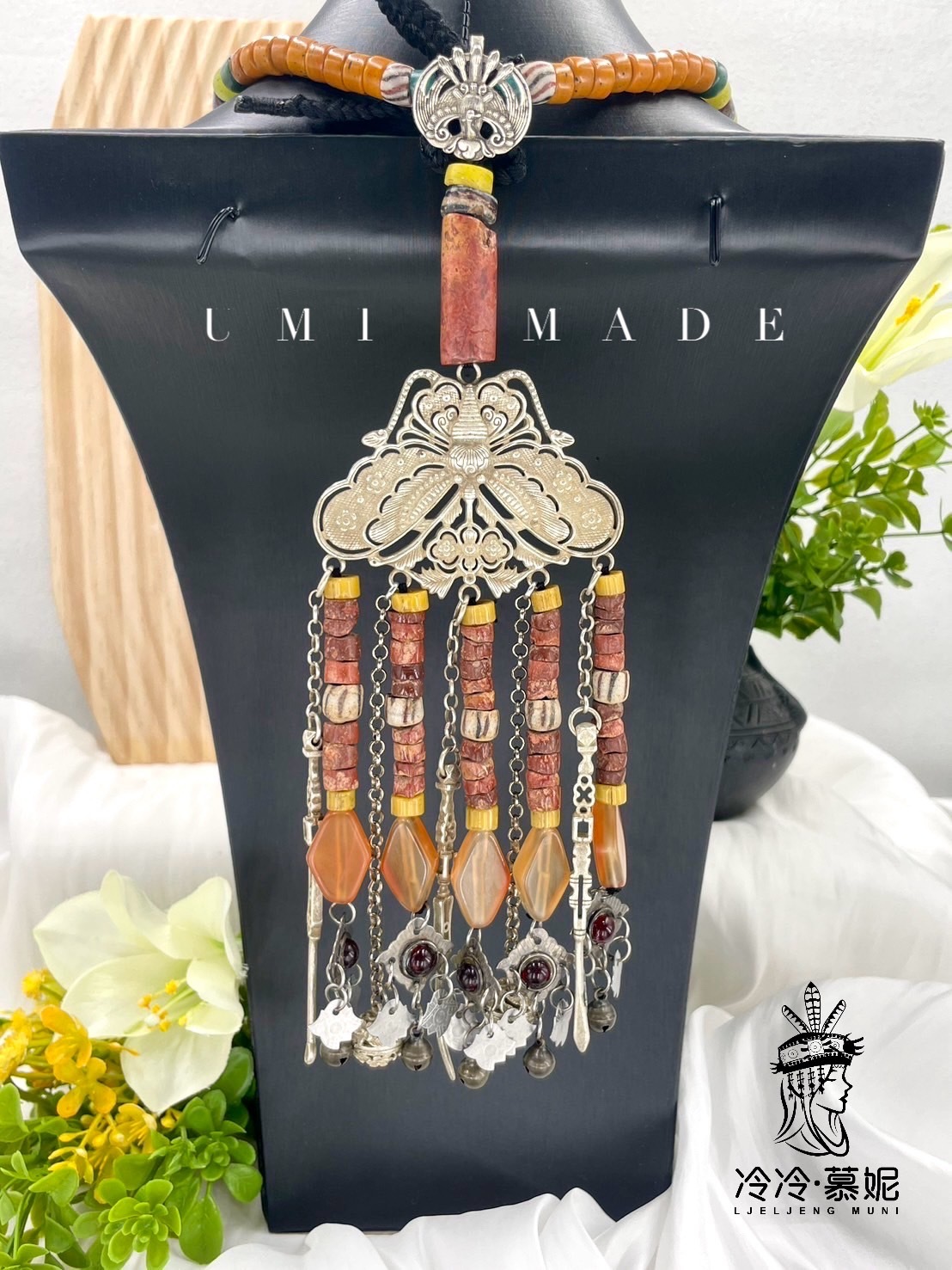 W-No.7貿易老珠藏銀墜飾22cm