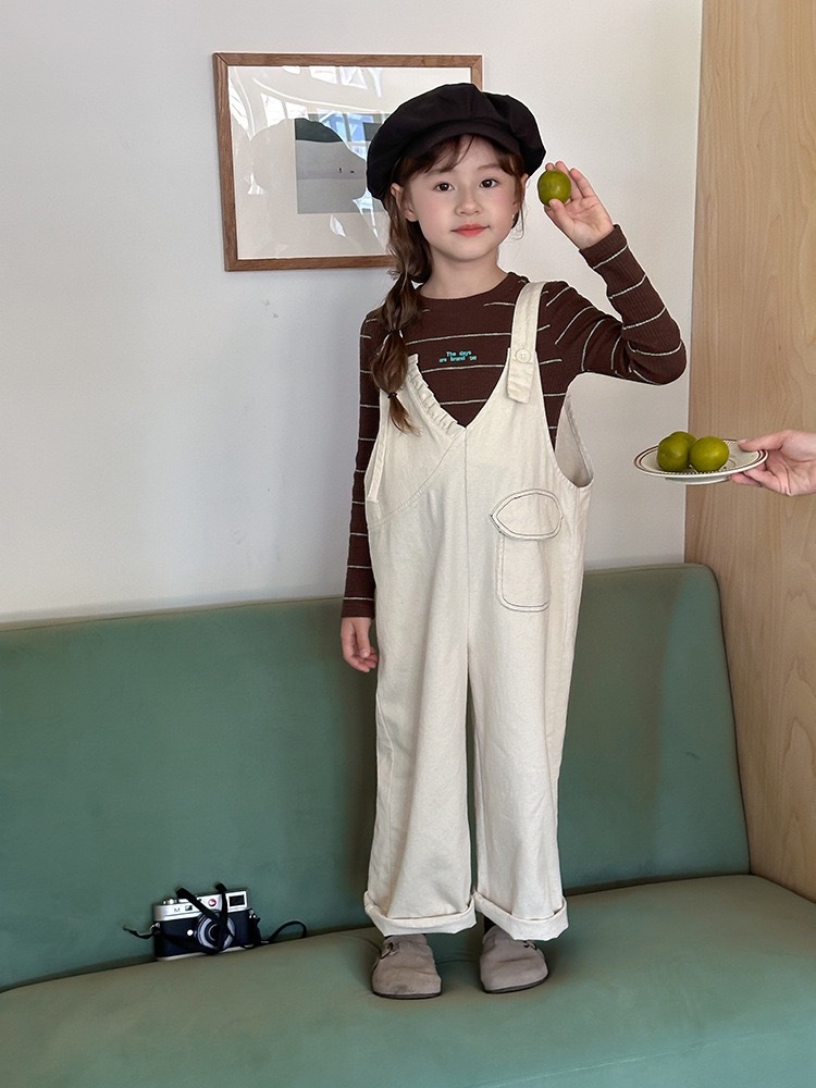 不對稱花邊V字吊帶褲