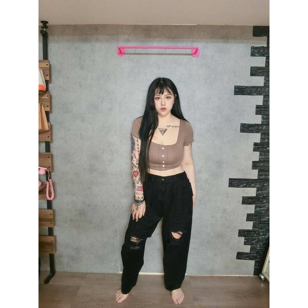 加寬加大男友破洞褲