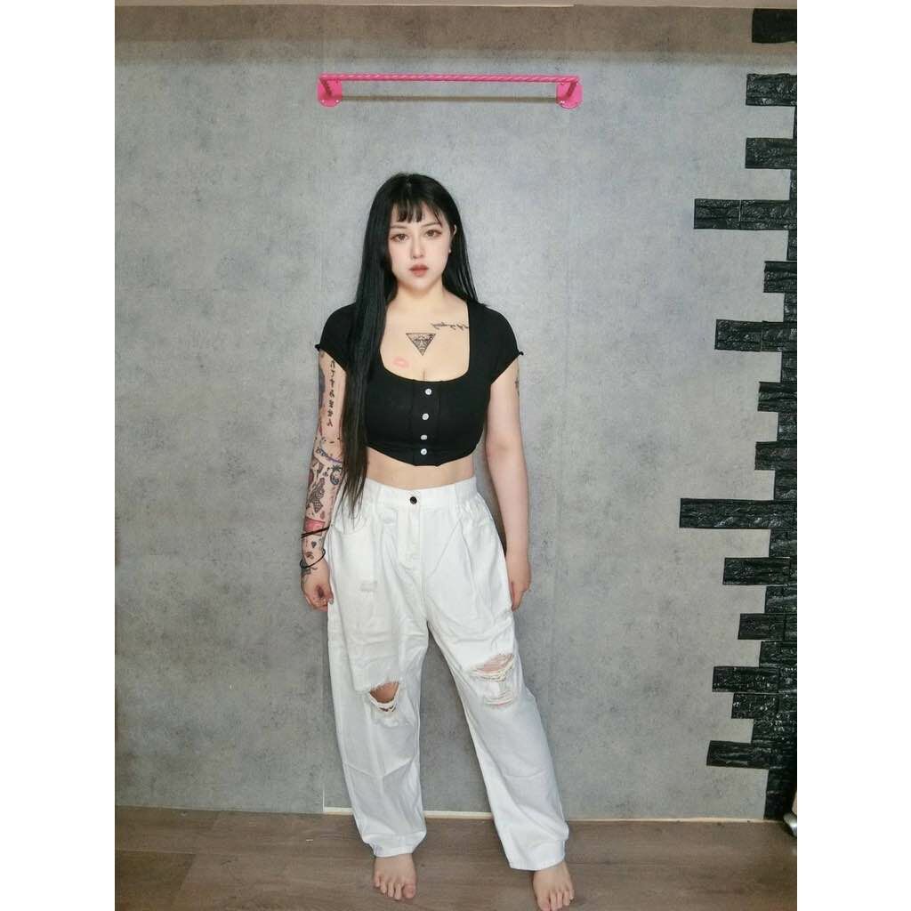 加寬加大男友破洞褲