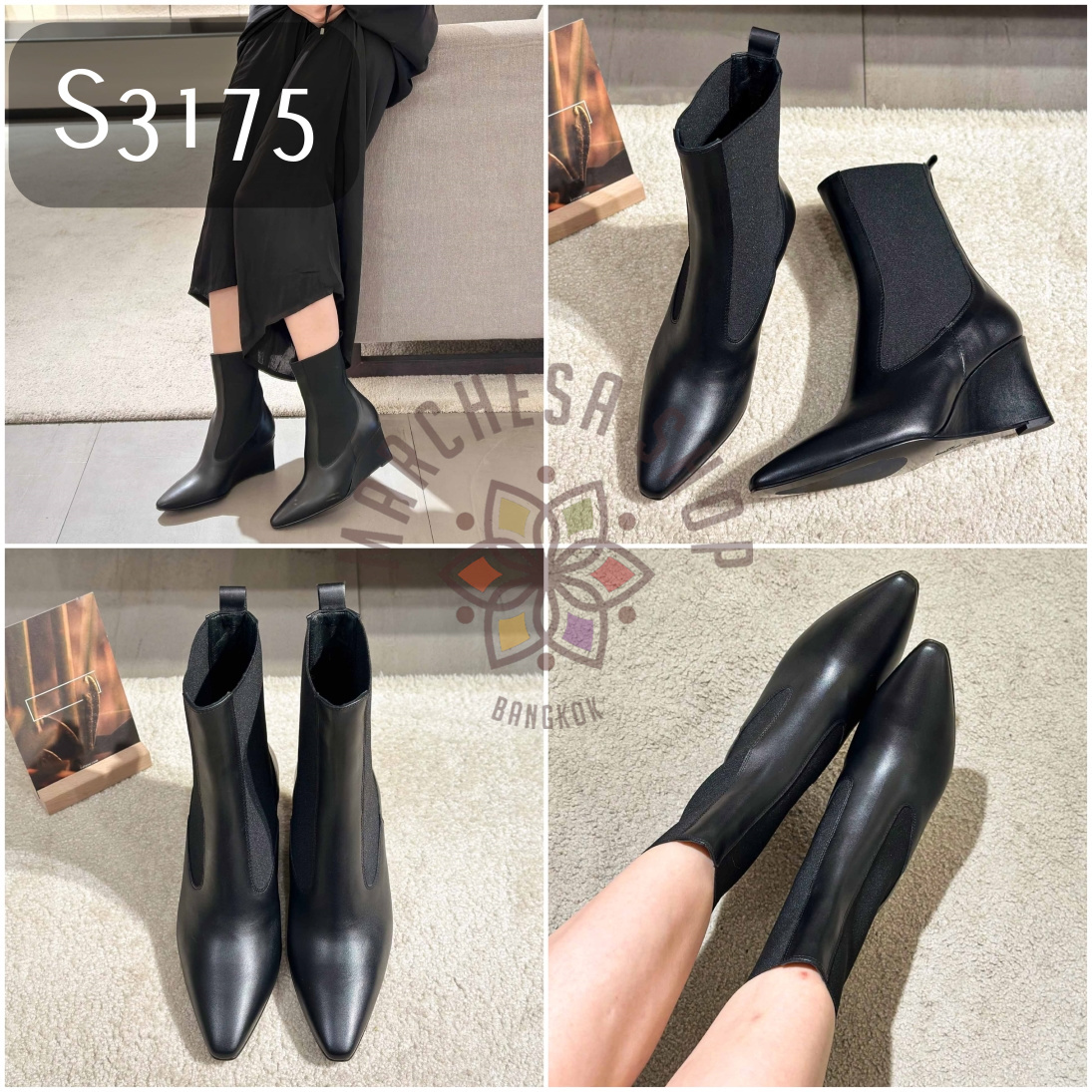 S3175 - 頭層牛皮彈力尖頭船踭短靴