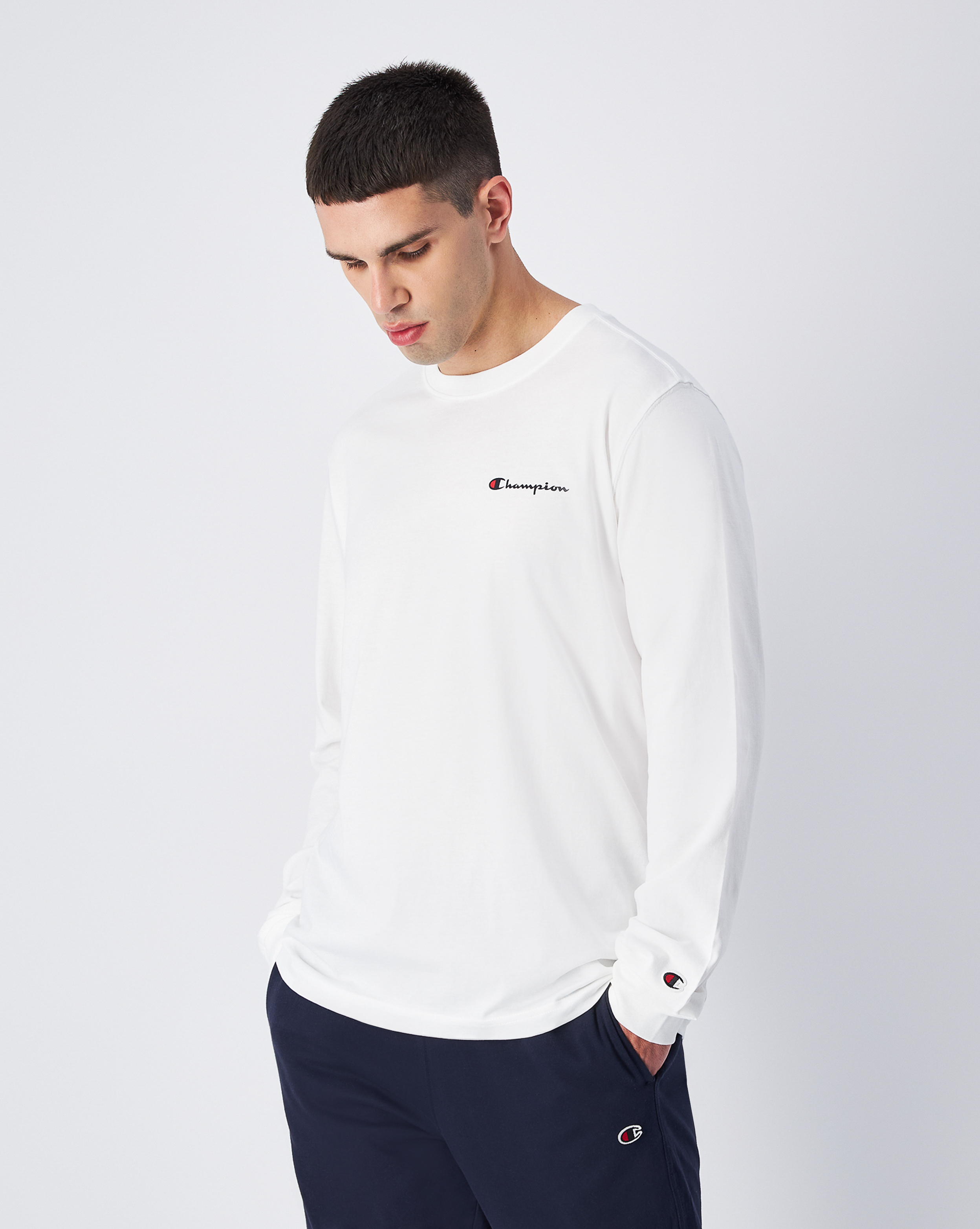 男款 經典刺繡 素色長袖上衣(白)