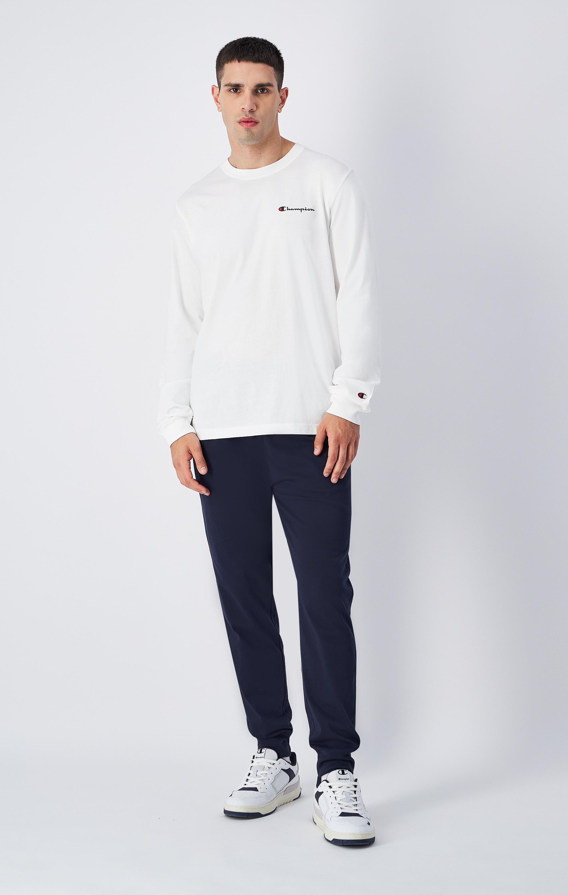 男款 經典刺繡 素色長袖上衣(白)