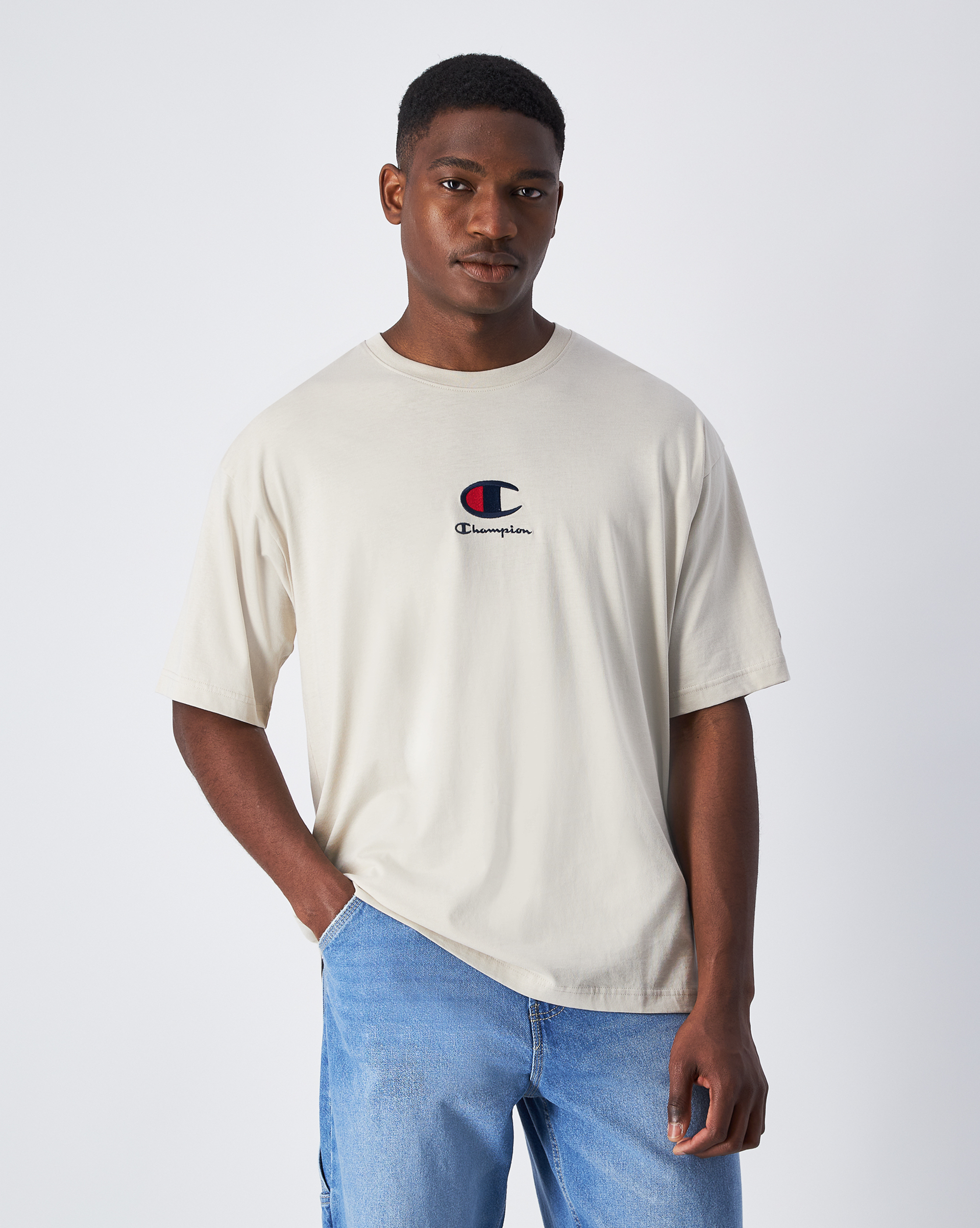 男款 經典刺繡 多色LOGO素色短TEE-米色（220270-ES057）