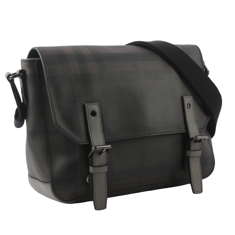 【BURBERRY】格紋灰釦塗層帆布斜背郵差包