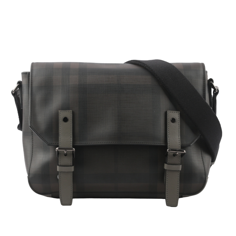 【BURBERRY】格紋灰釦塗層帆布斜背郵差包