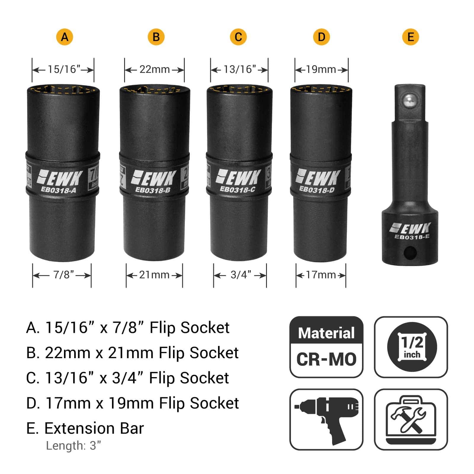 5 Pcs Flip Socket Set with 3