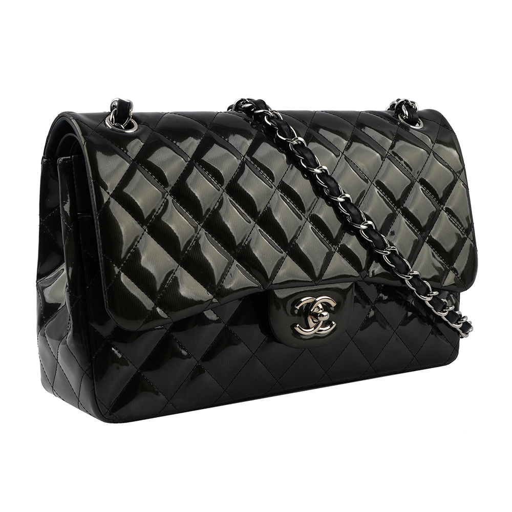 【CHANEL】銀釦漆皮菱格紋 30cm Jumbo COCO包