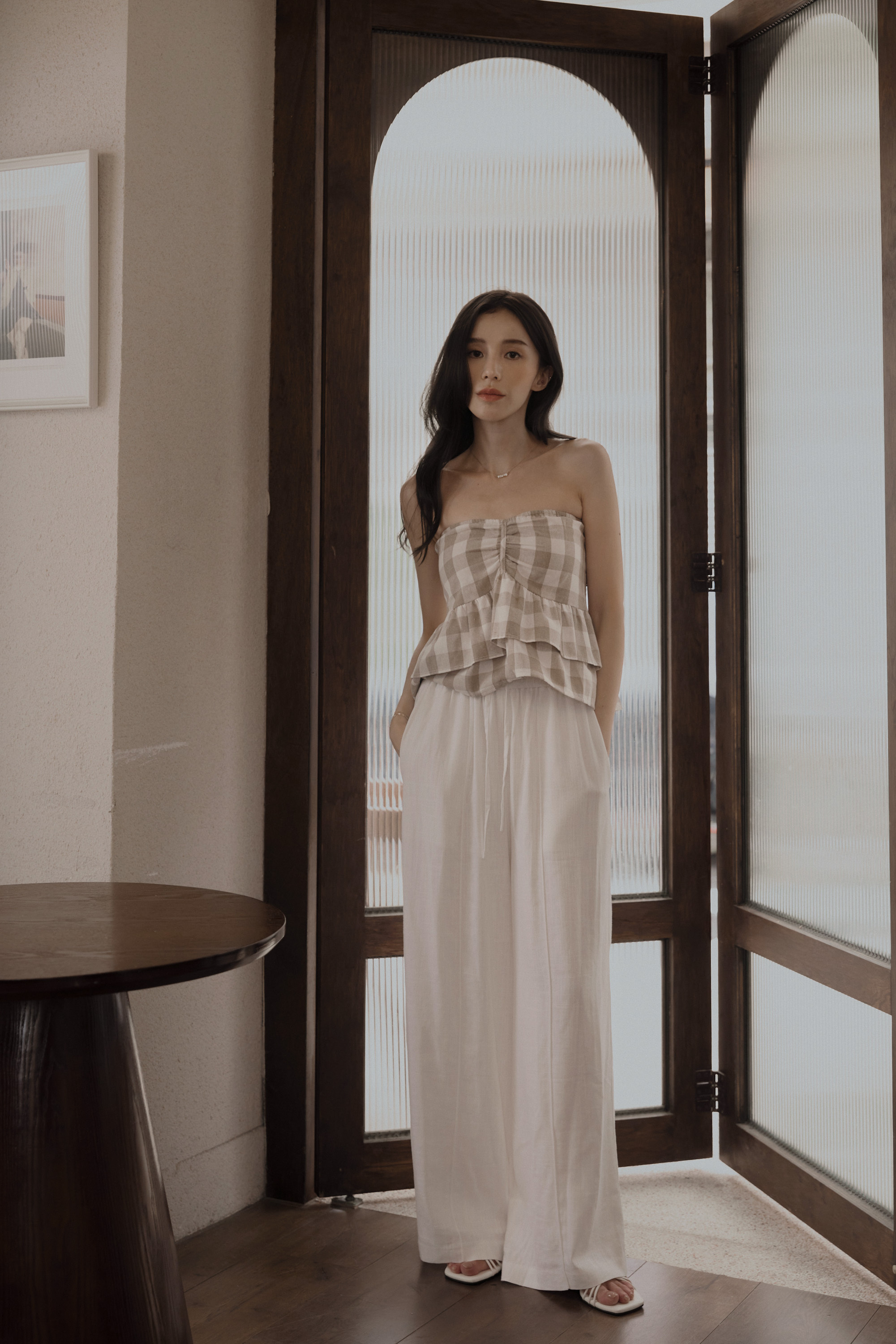 格紋棉麻平口上衣