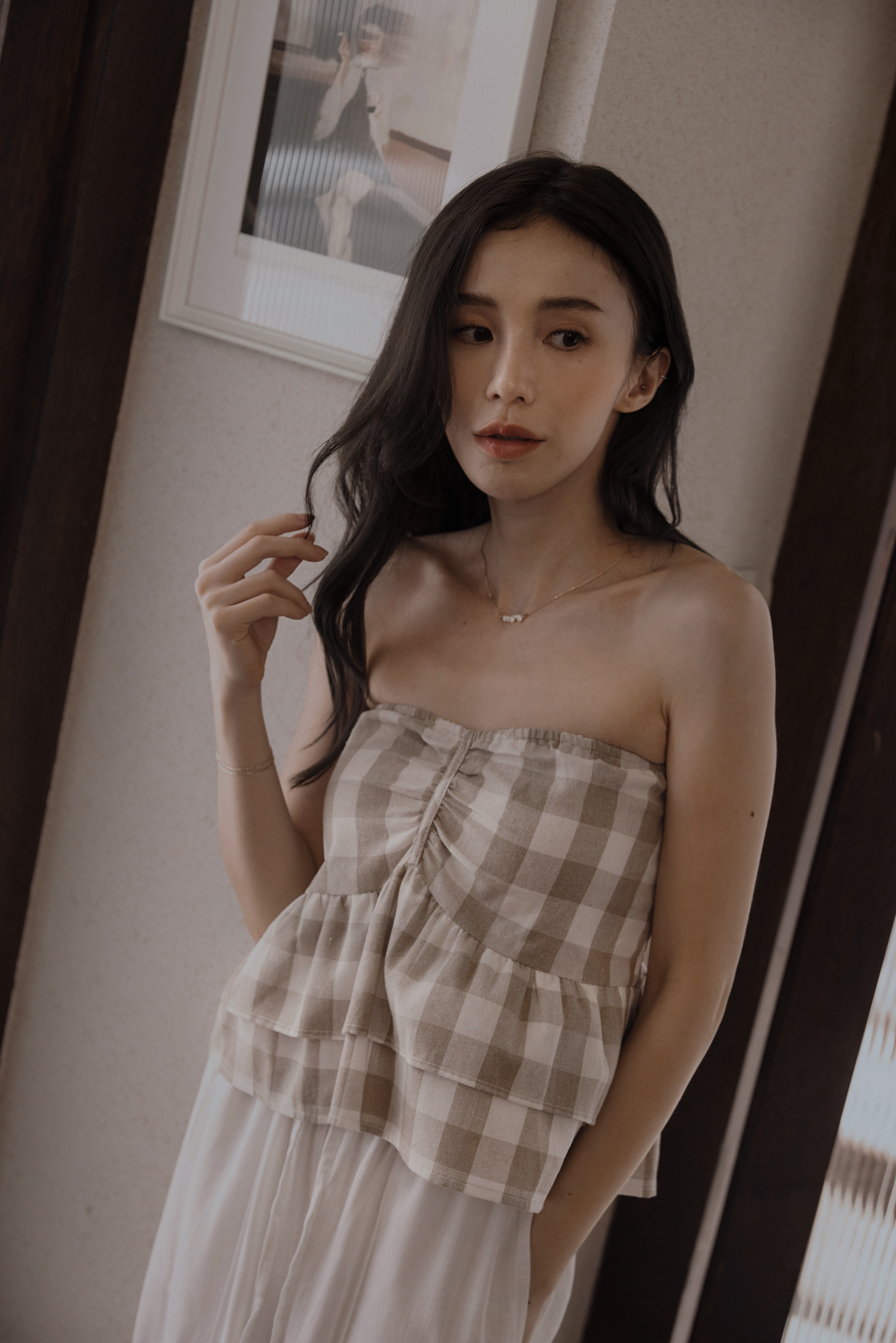 格紋棉麻平口上衣