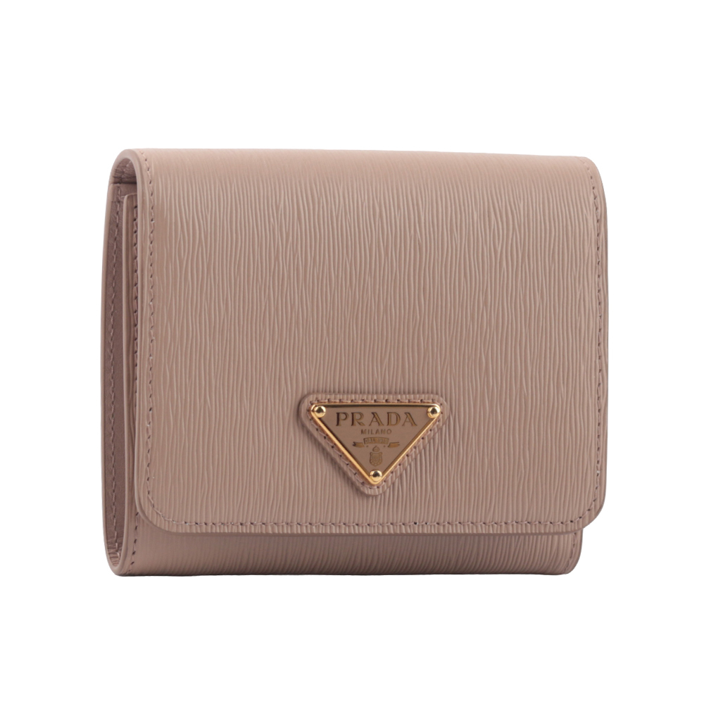 【Prada】三角牌Logo 水波紋皮革暗釦三折短夾
