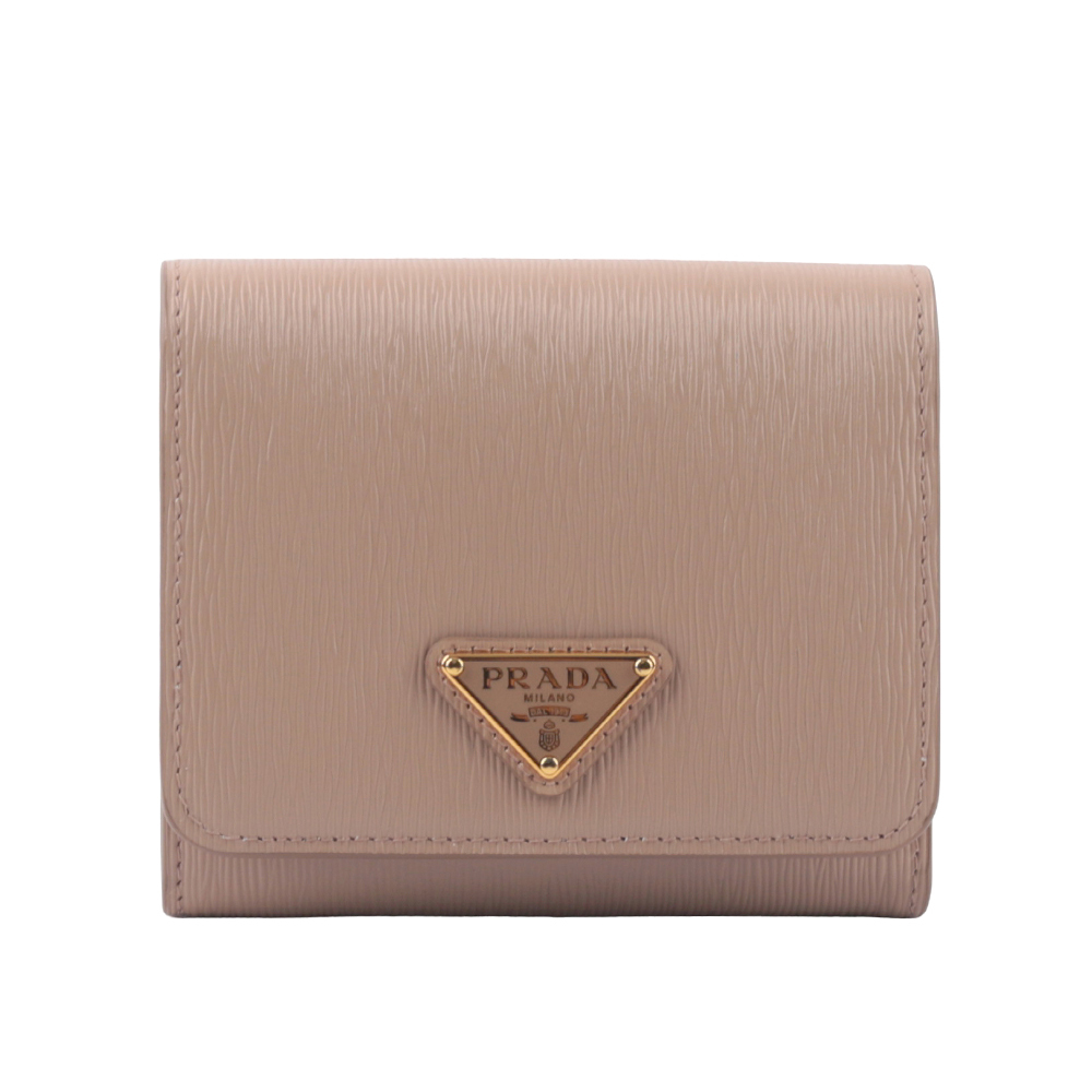 【Prada】三角牌Logo 水波紋皮革暗釦三折短夾