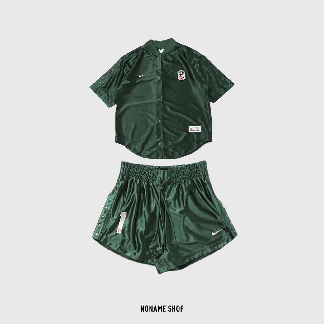 NIKE NSW 緞面 套裝 排釦 襯衫 短褲 森林綠 (女款)