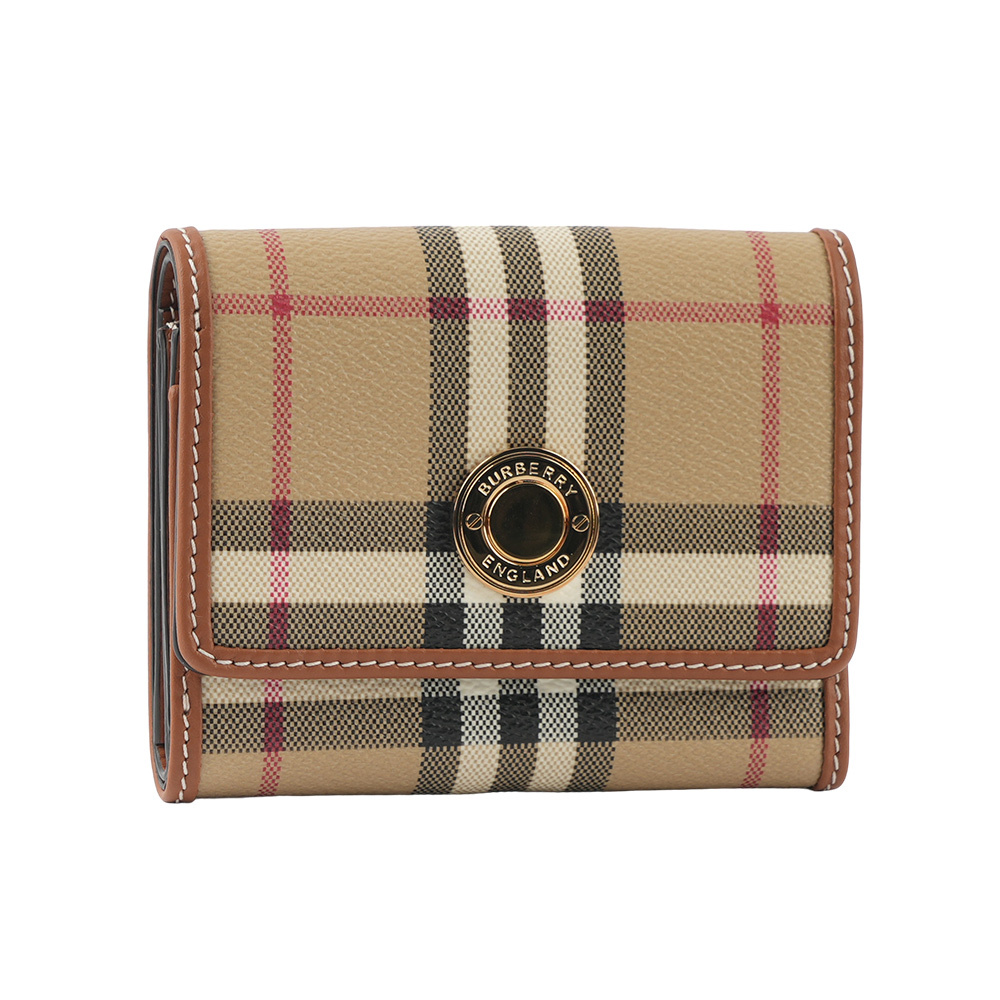 【BURBERRY】經典格紋及牛皮三折短夾