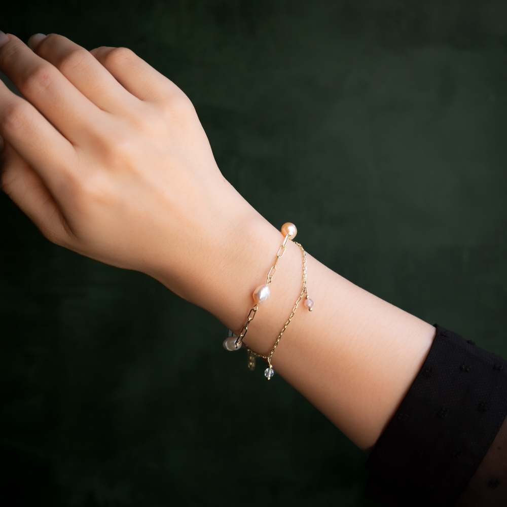 海｜橙月光珍珠白水晶鏈條手鍊 B0007