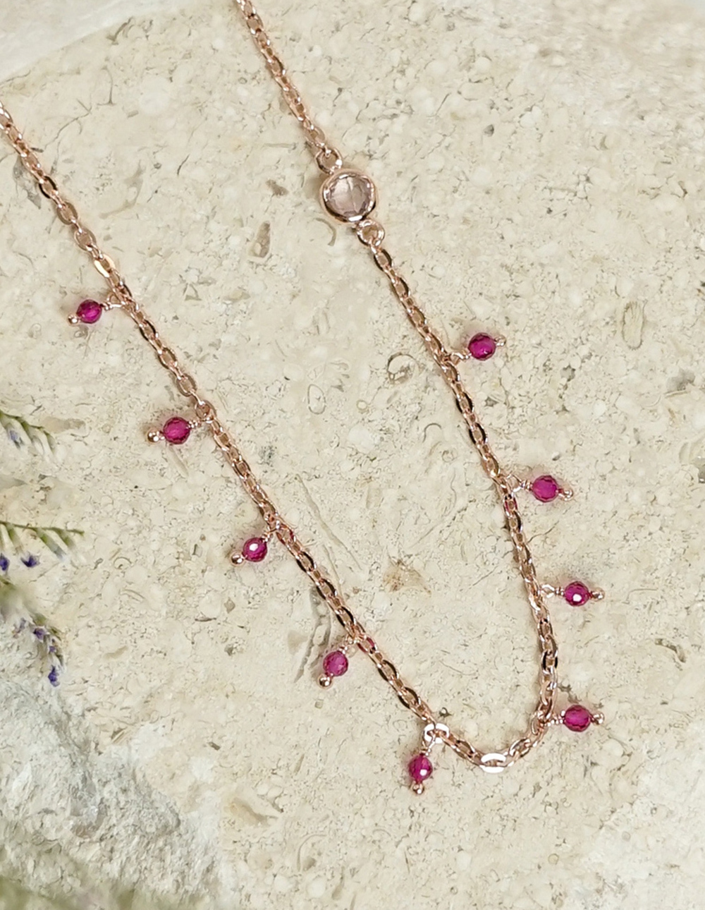 925 純銀迷你Disco天然石小圓框項鍊✦桃紅