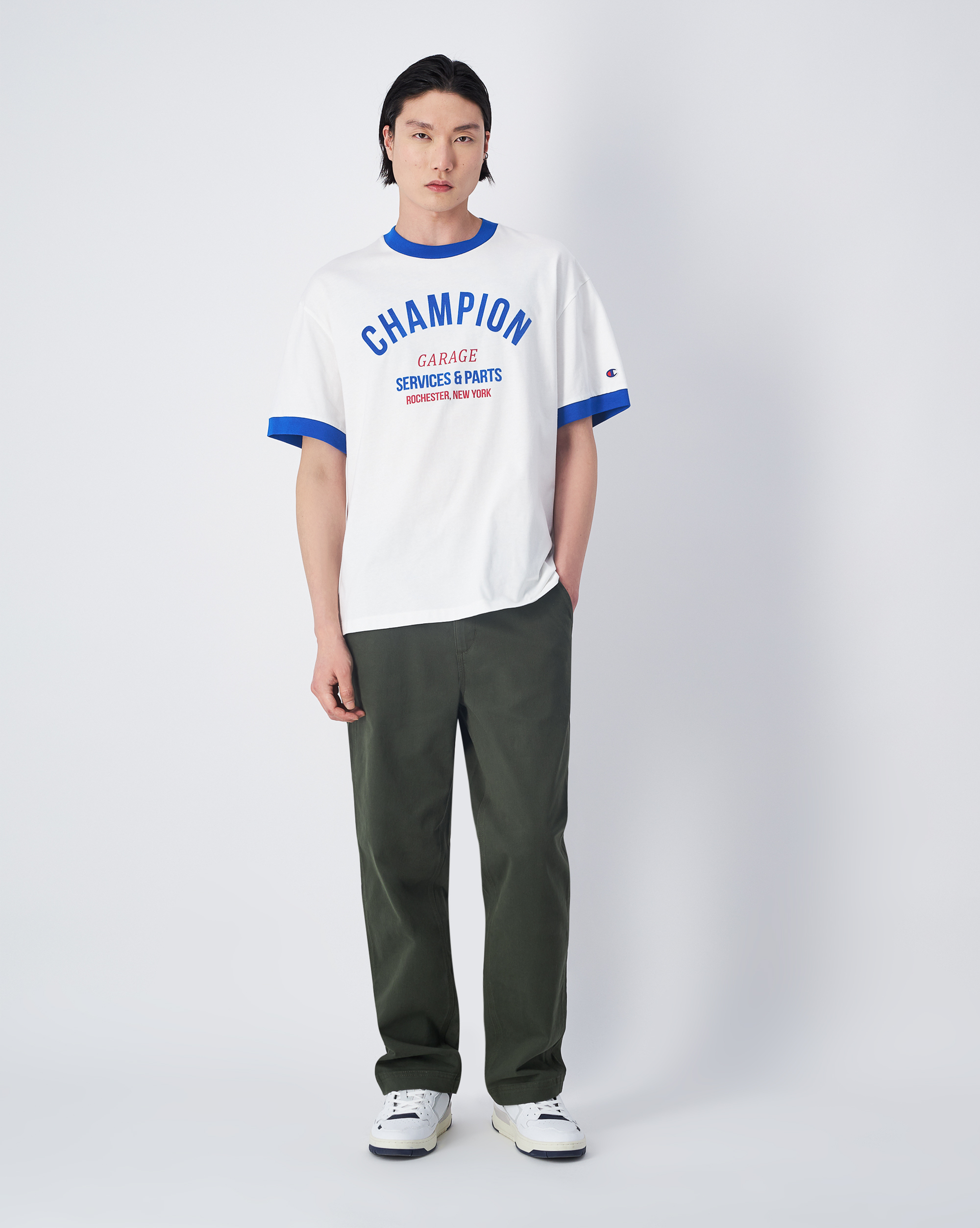 男款 -美式復刻印花 羅紋滾邊 短TEE-米藍色（220515-WW036）