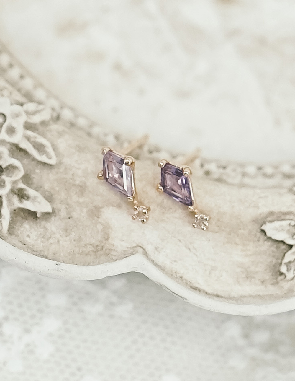 925 純銀菱形切割天然石耳環