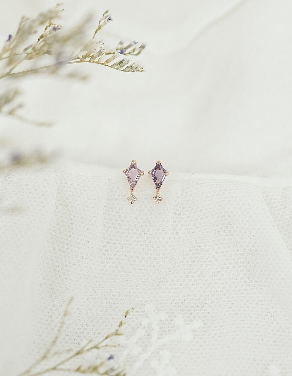 925 純銀菱形切割天然石耳環