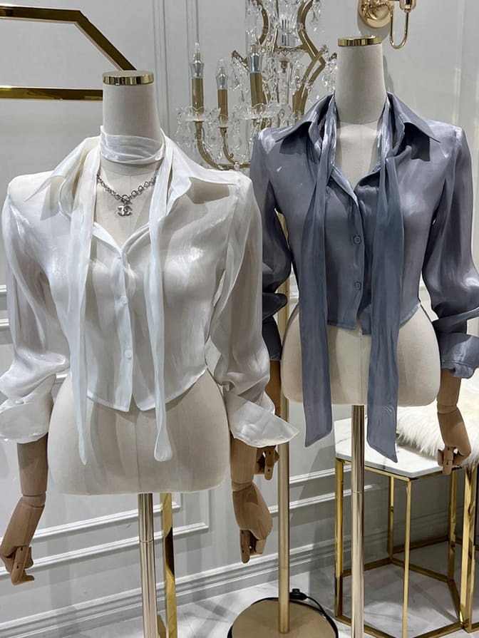 正韓🇰🇷絲光透視感短版性感襯衫（附帶3色均碼）