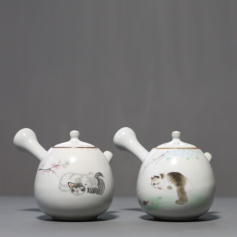 貓咪汝窯側把茶壺