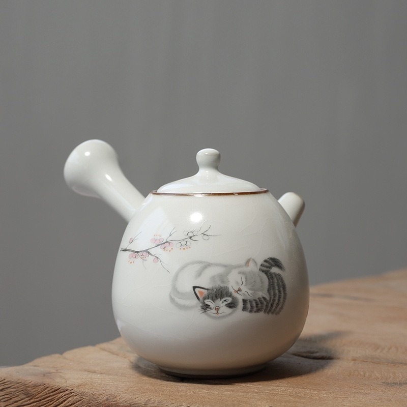 貓咪汝窯側把茶壺
