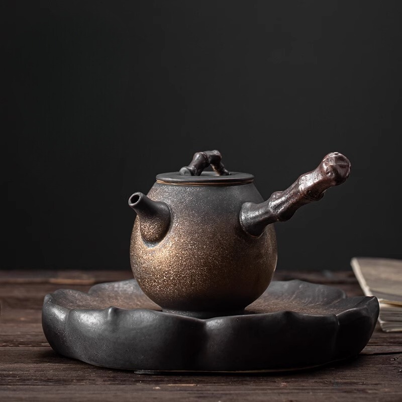 日式鎏金竹節側把壺