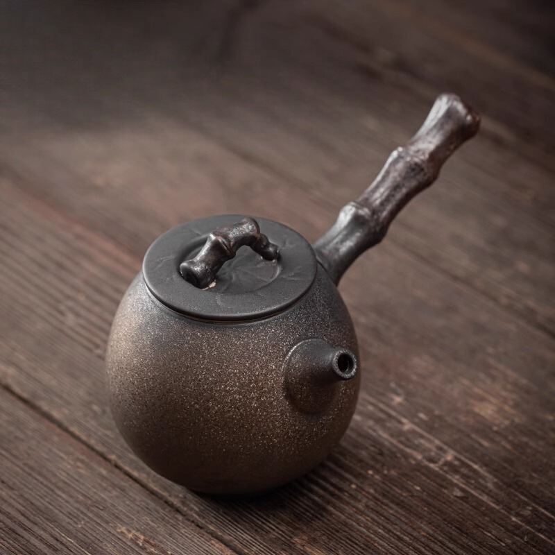 日式鎏金竹節側把壺