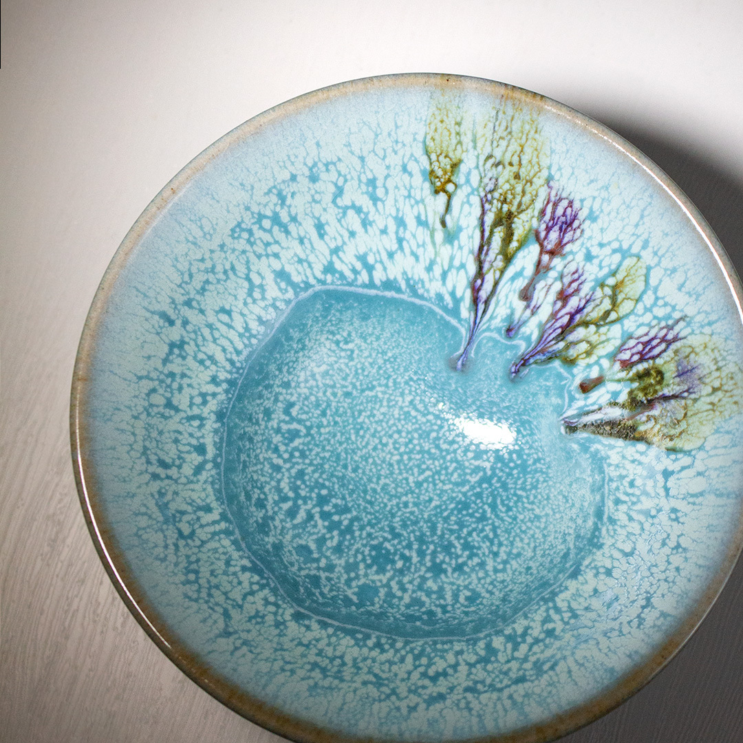 碧藍流釉紅妝斗笠碗